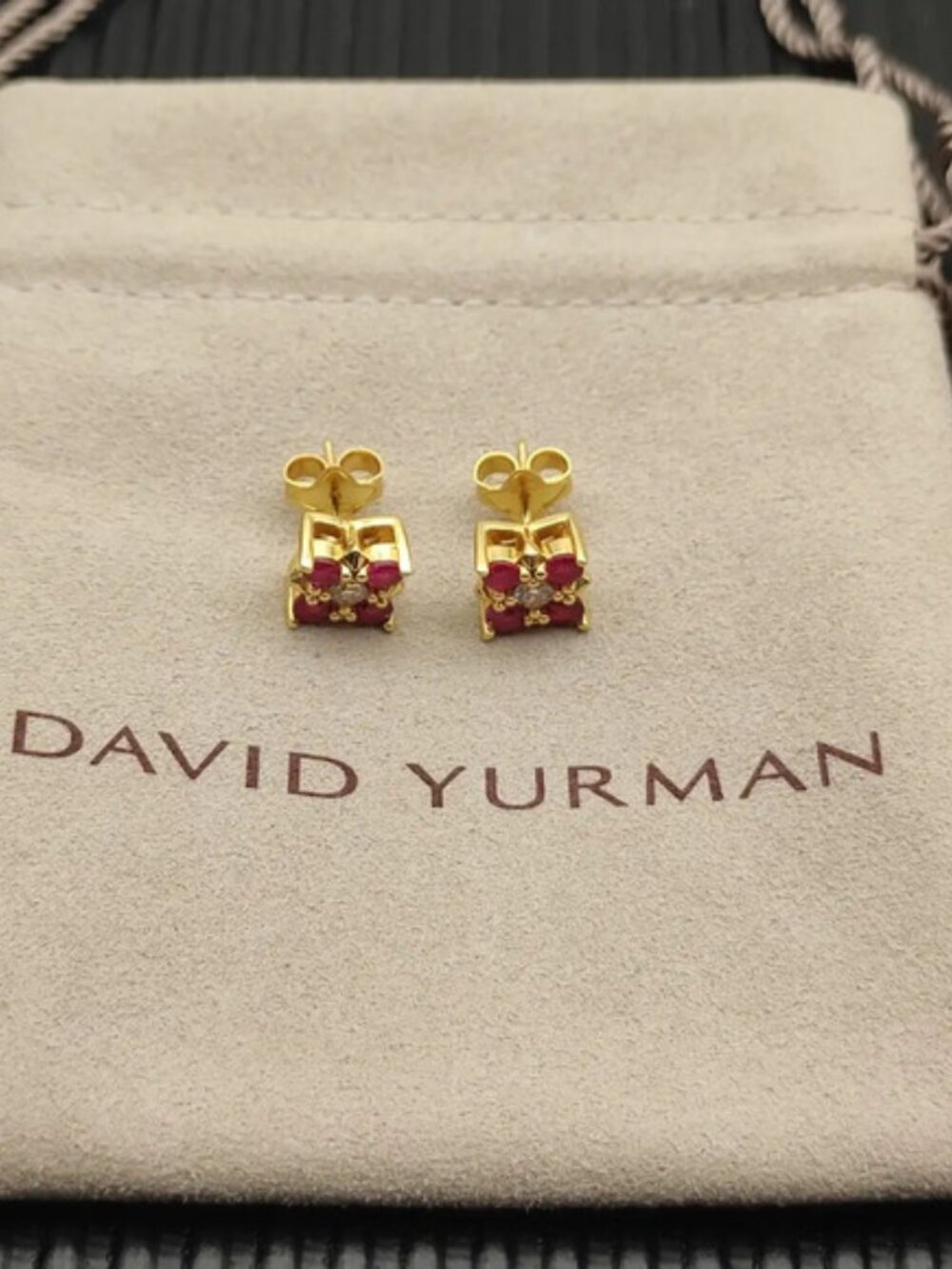 David Yurman small gold and red diamond pyramid earrings